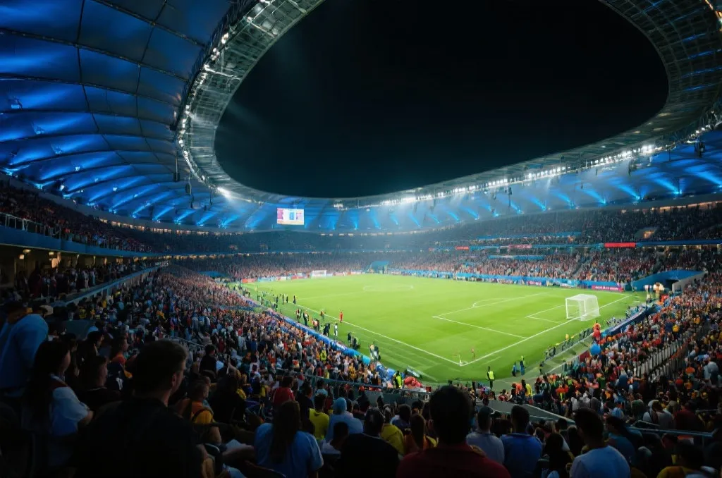 A grand modern soccer stadium with a packed crowd under dynamic lighting, capturing the scale of a World Cup final venue