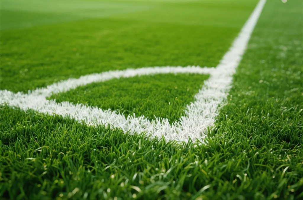 Close-up view of fresh natural green grass on a professional football pitch with clear white lines