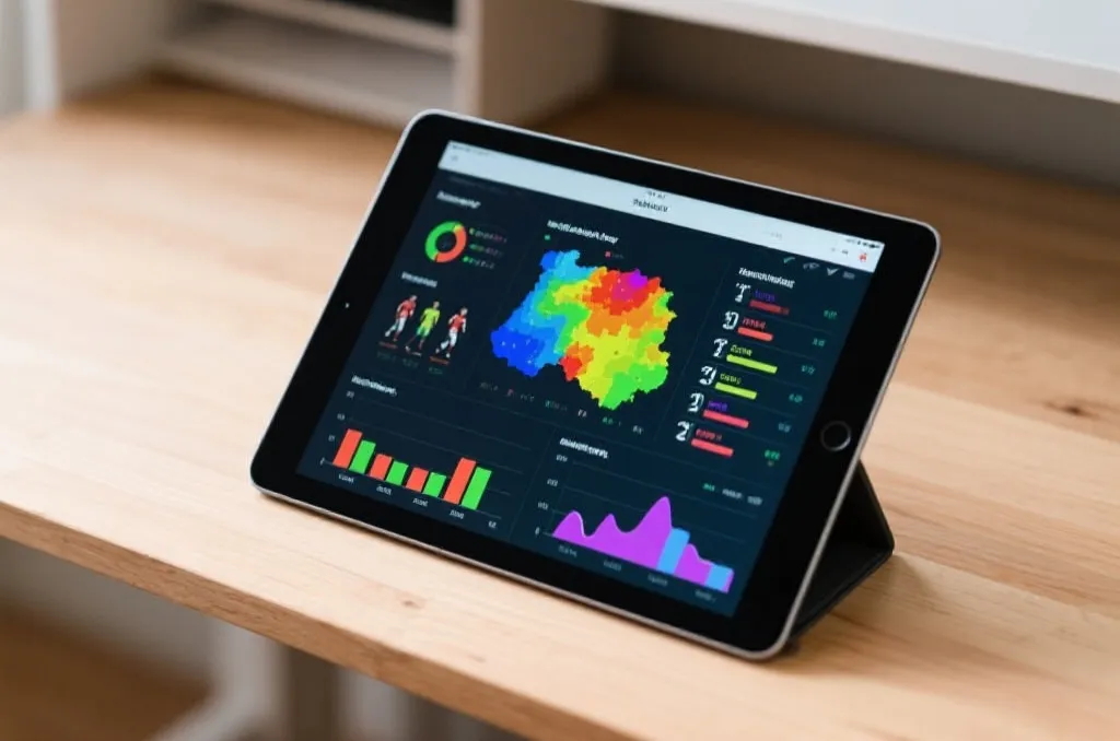 A modern tablet displaying colorful soccer match statistical charts and player heatmaps resting on a clean wooden desk