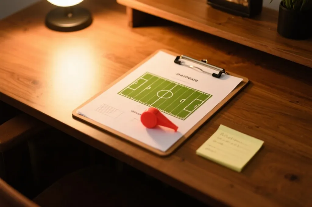A clean clipboard with a tactical football field diagram, a whistle, and notes on a wooden desk, warm overhead lighting, editorial style