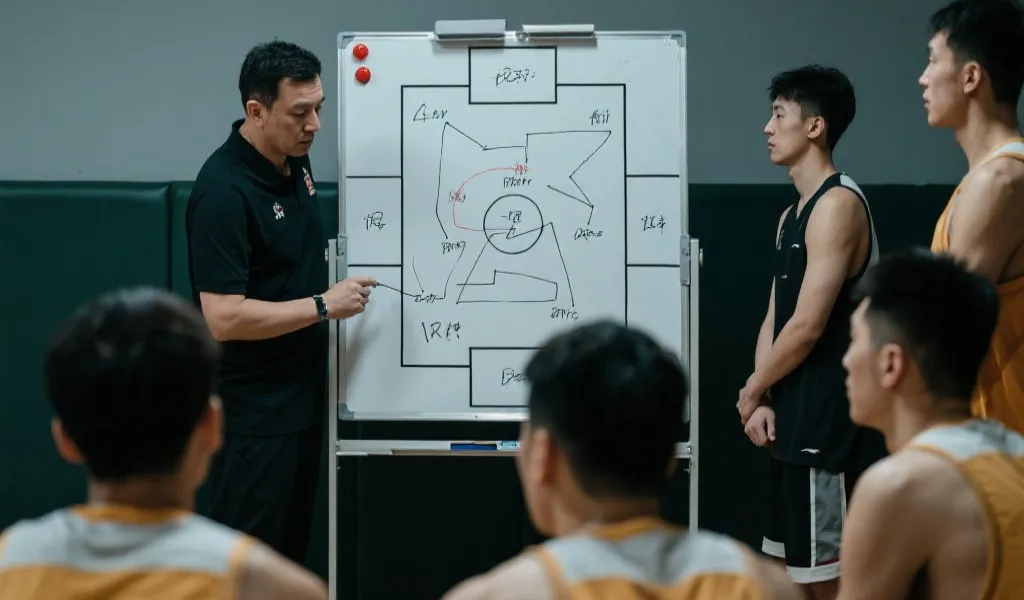 教练在战术板上勾画复杂的防守反击路线，队员们认真聆听