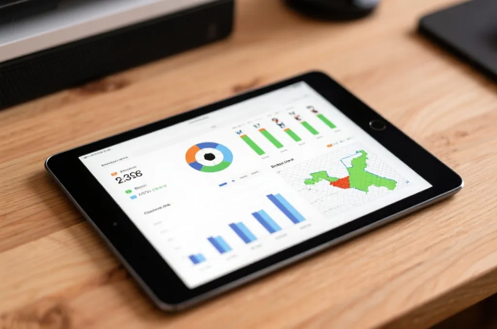 A modern tablet displaying generic football match statistics, clean UI charts, player performance bars, and heatmaps on a wooden desk
